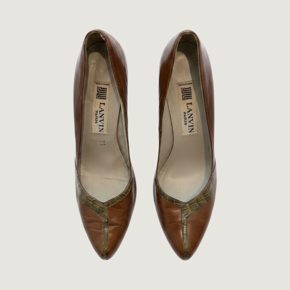 Vintage 70s 80s Lanvin Paris Brown Leather Snakeskin Trim Heels Size 7.5